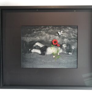 "Where Flowers Bloom" stumpwork on weaved tissue, framed
